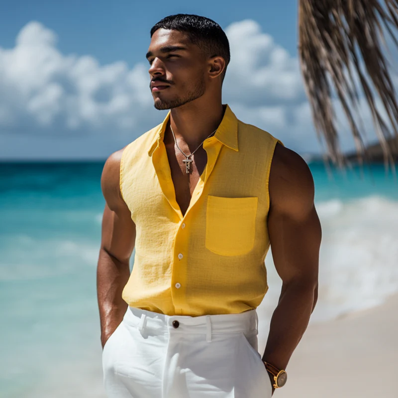 Gordon | Men'S Casual Solid Color Breathable Linen Lapel Patch Pocket Sleeveless Shirt - Image 3