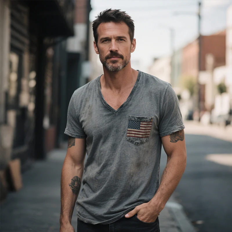 Graham | Men'S Retro Casual Flag Print V-Neck Short Sleeve T-Shirt - Image 2