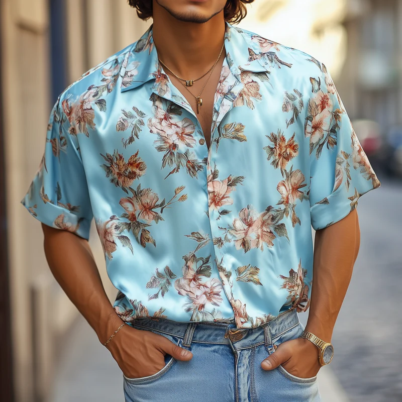 Graham | Men'S Retro Elegant Flower Print Satin Lapel Loose Short Sleeve Shirt - Image 2