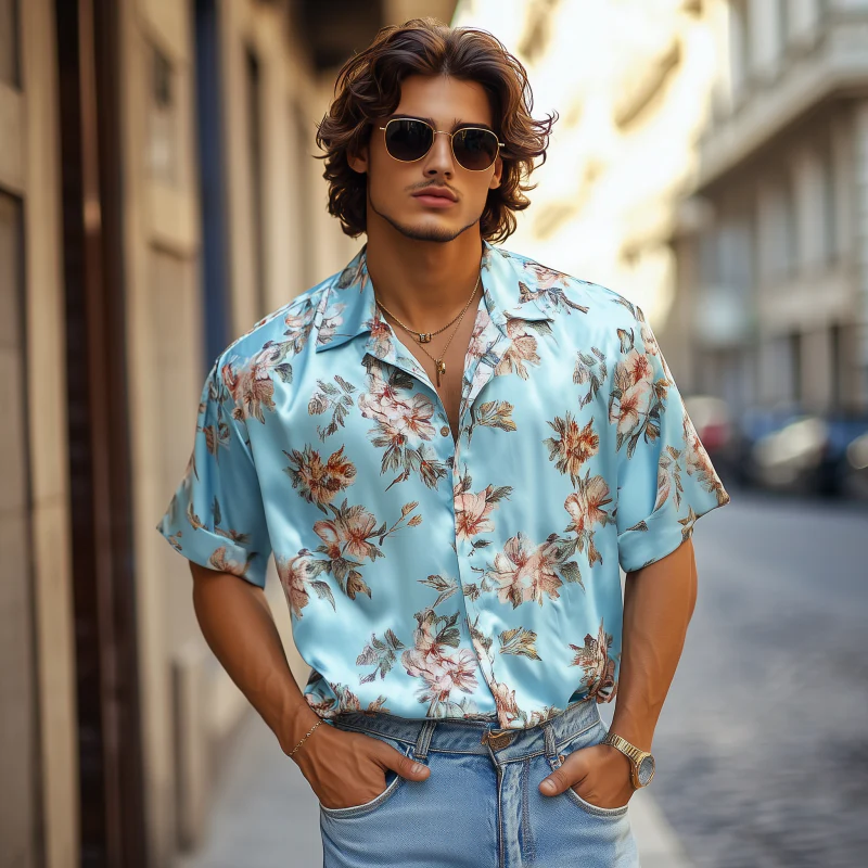 Graham | Men'S Retro Elegant Flower Print Satin Lapel Loose Short Sleeve Shirt - Image 3