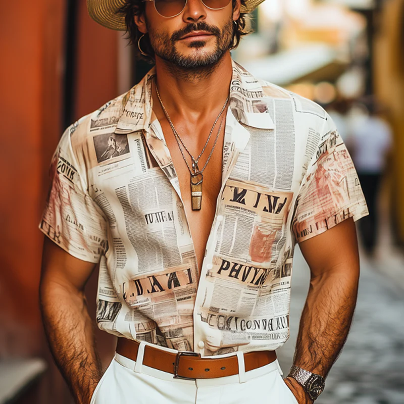 Grant | Men'S Summer Fashion Newspaper Printed Short Sleeve Shirt - Image 2