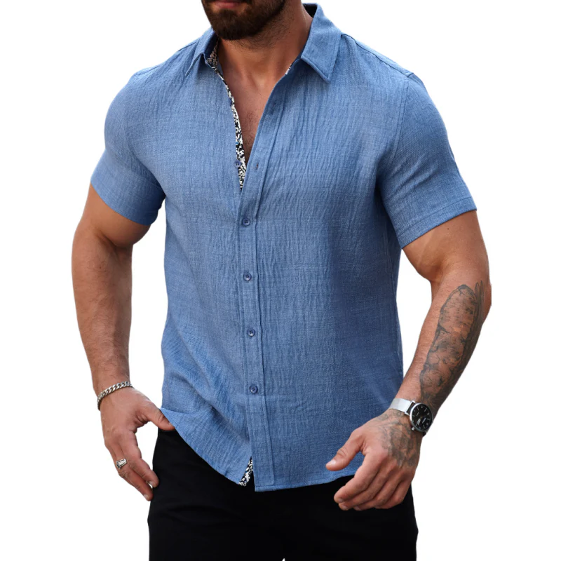 Gregory | Men'S Casual Cotton Linen Pleated Colorblock Lapel Slim Fit Short Sleeve Shirt
