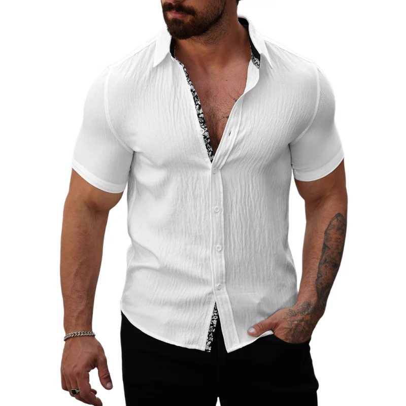 Gregory | Men'S Casual Cotton Linen Pleated Colorblock Lapel Slim Fit Short Sleeve Shirt - Image 4