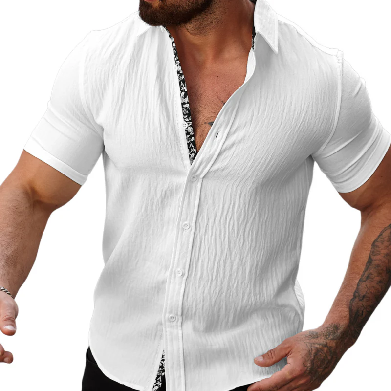 Gregory | Men'S Casual Cotton Linen Pleated Colorblock Lapel Slim Fit Short Sleeve Shirt - Image 5