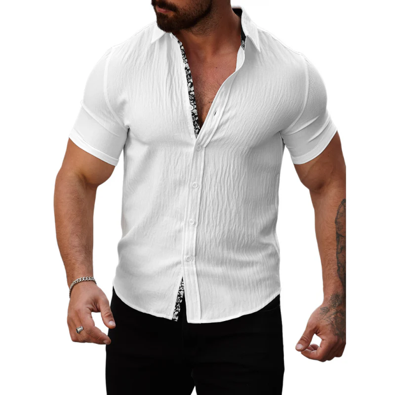 Gregory | Men'S Casual Cotton Linen Pleated Colorblock Lapel Slim Fit Short Sleeve Shirt - Image 6