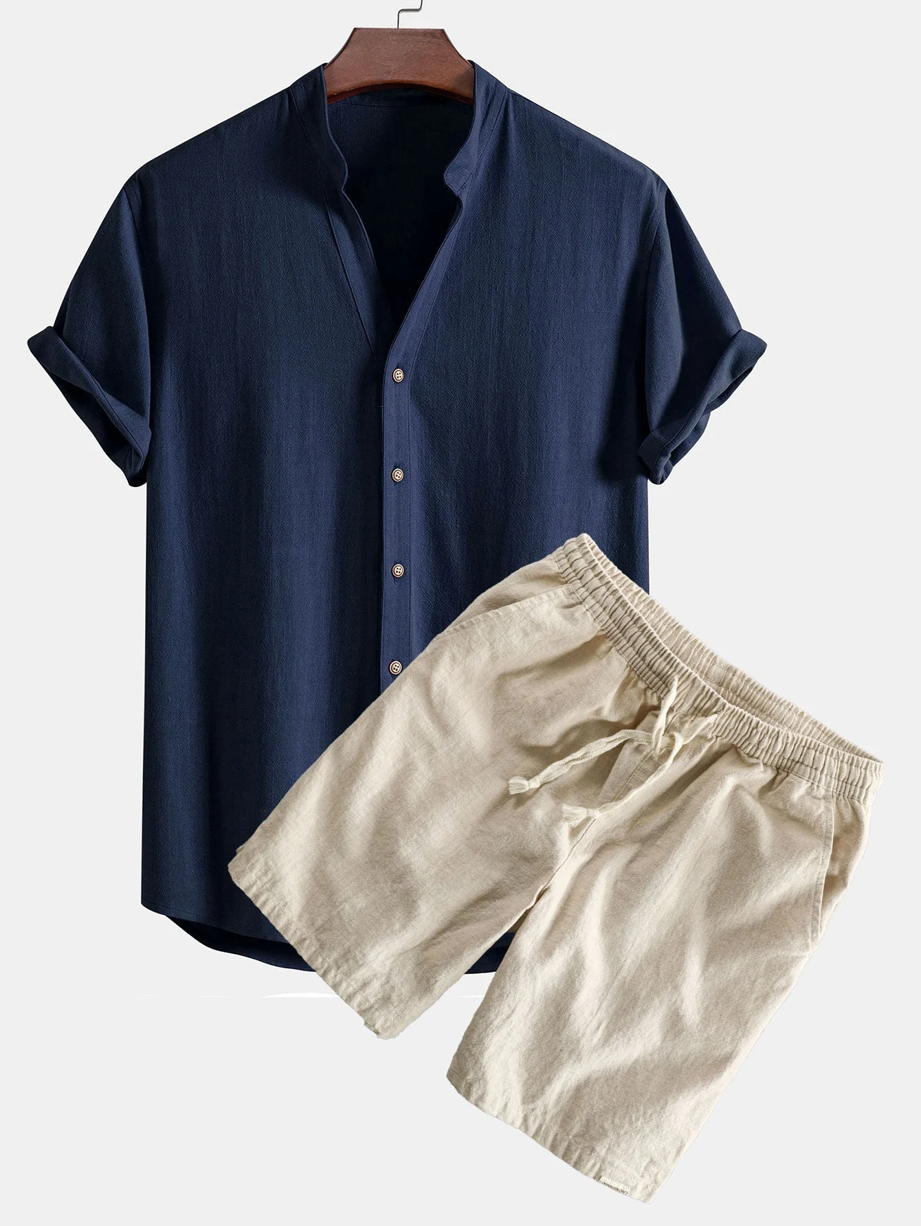 Gualterio® | Short Sleeve V Neck Linen Rayon Blend Shirt & Linen Cotton Blend Drawstring Shorts - Image 2