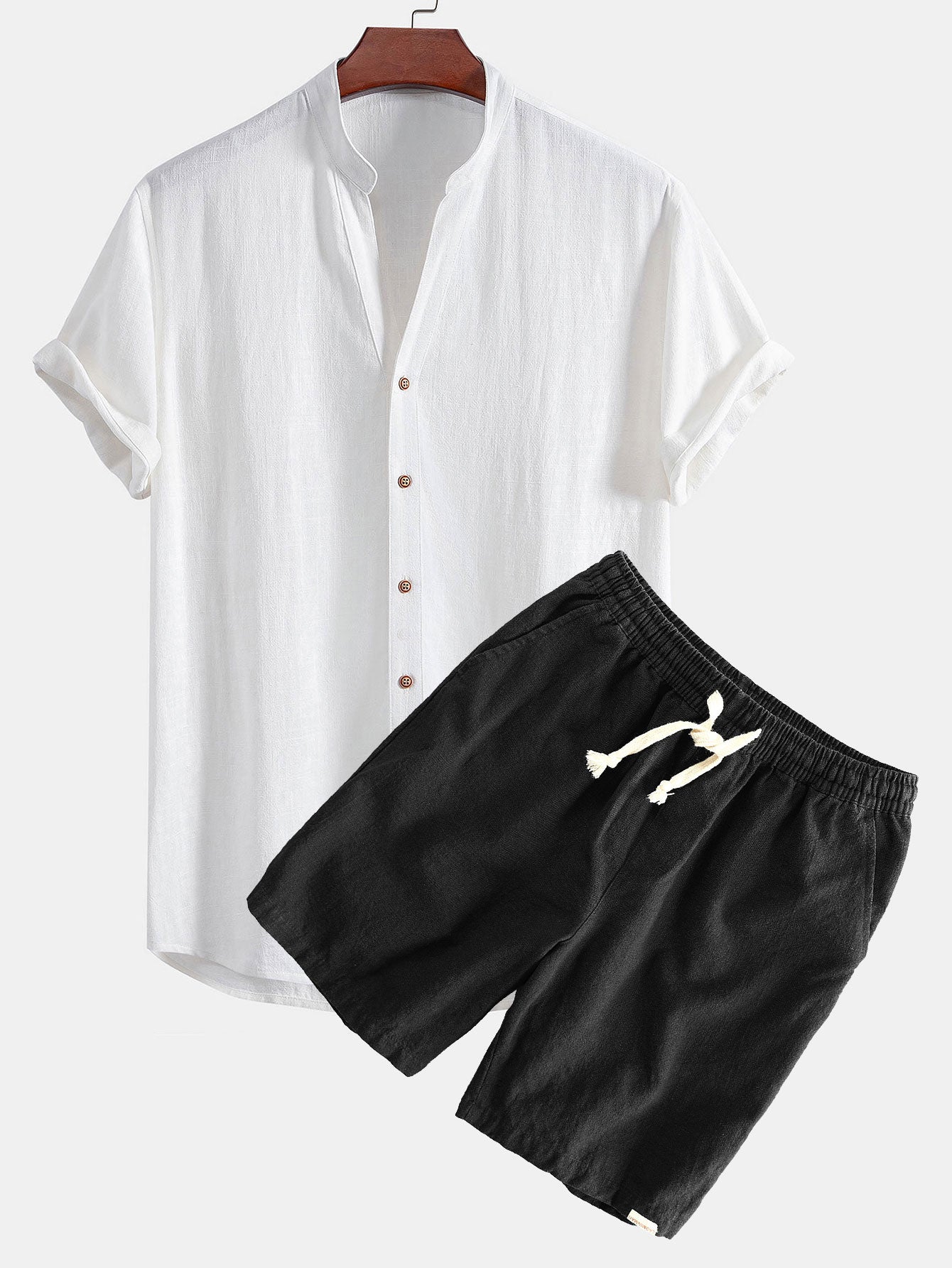 Gualterio® | Short Sleeve V Neck Linen Rayon Blend Shirt & Linen Cotton Blend Drawstring Shorts - Image 3