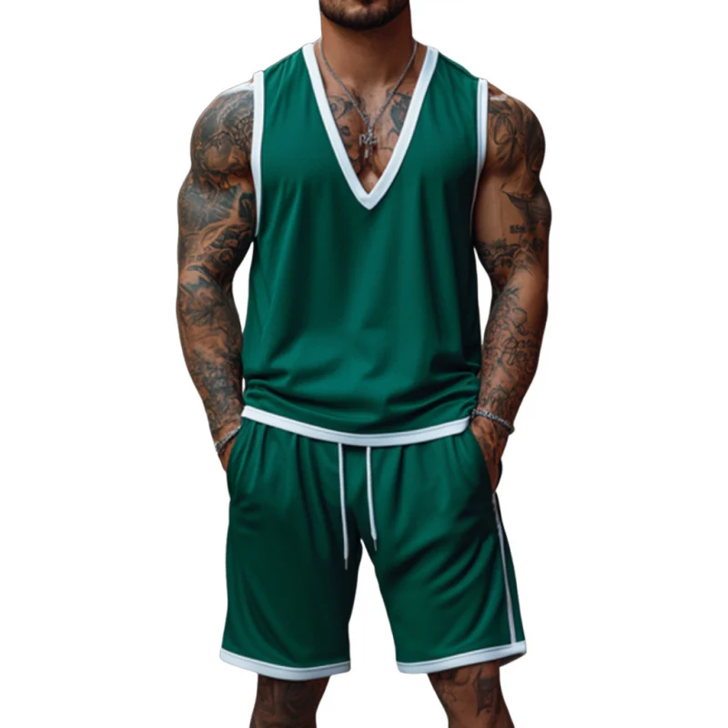 Guillermo | Men'S Casual Colorblock Cotton V-Neck Tank Top Elastic Waist Shorts Sports Set