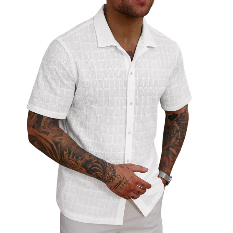 Guy | Men'S Casual Lace Pleated Texture Lapel Slim Short Sleeve Shirt - Image 3