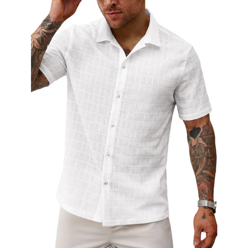 Guy | Men'S Casual Lace Pleated Texture Lapel Slim Short Sleeve Shirt - Image 4