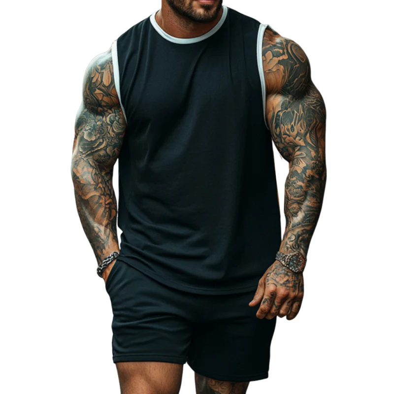 Harold | Men'S Casual Cotton Colorblock Round Neck Loose Tank Top Elastic Waist Shorts Sports Set