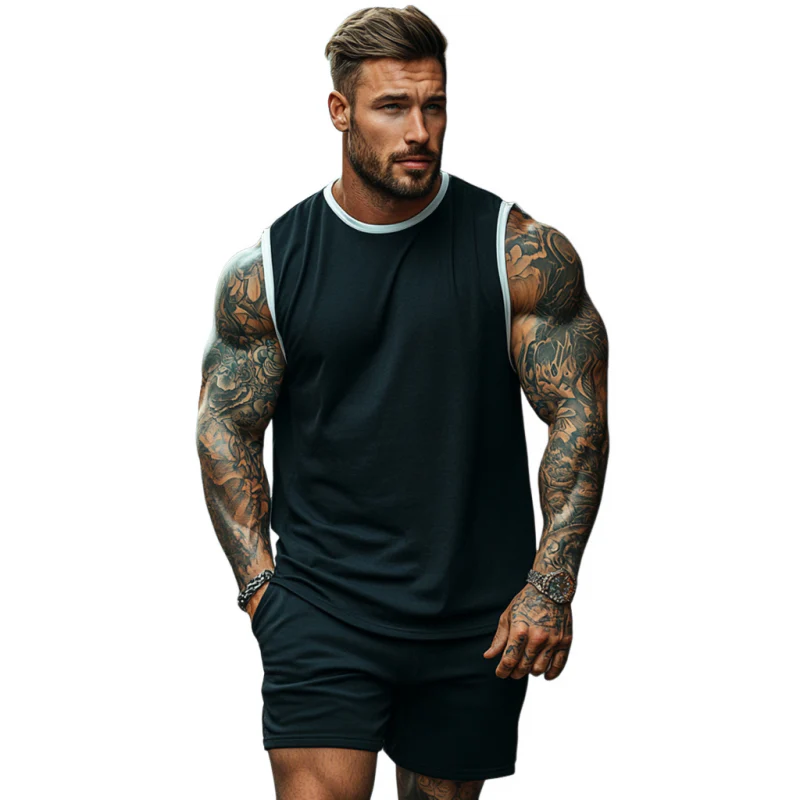 Harold | Men'S Casual Cotton Colorblock Round Neck Loose Tank Top Elastic Waist Shorts Sports Set - Image 2