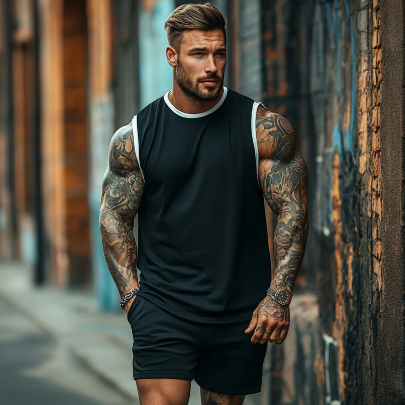 Harold | Men'S Casual Cotton Colorblock Round Neck Loose Tank Top Elastic Waist Shorts Sports Set - Image 4