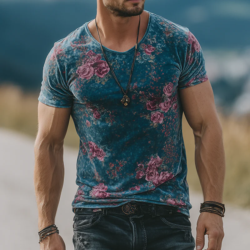 Harold | Men'S Retro Casual Rose Print Velvet Round Neck Short Sleeve T-Shirt - Image 2