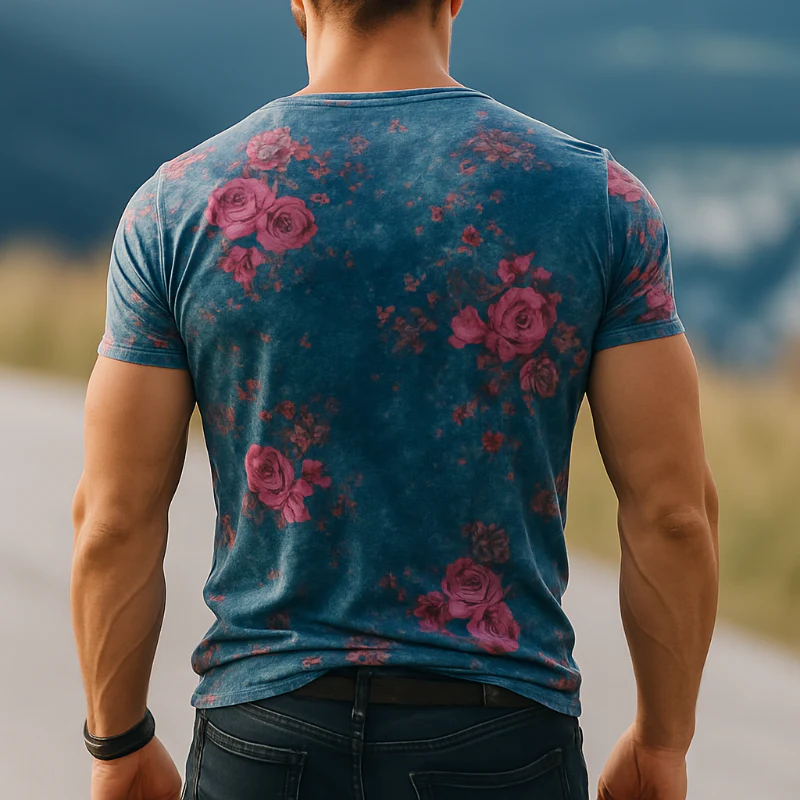 Harold | Men'S Retro Casual Rose Print Velvet Round Neck Short Sleeve T-Shirt - Image 3