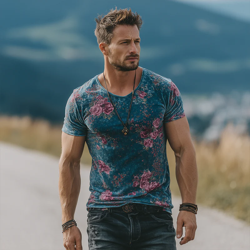 Harold | Men'S Retro Casual Rose Print Velvet Round Neck Short Sleeve T-Shirt - Image 4