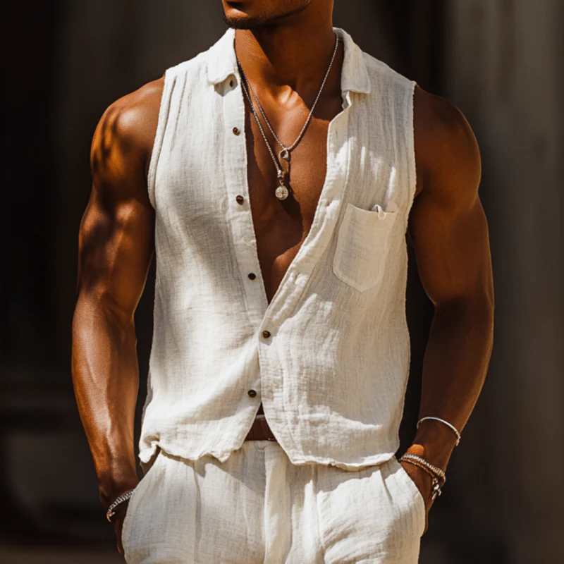 Harry | Men'S Casual Cotton Washed Lapel Patch Pocket Loose Sleeveless Shirt - Image 7