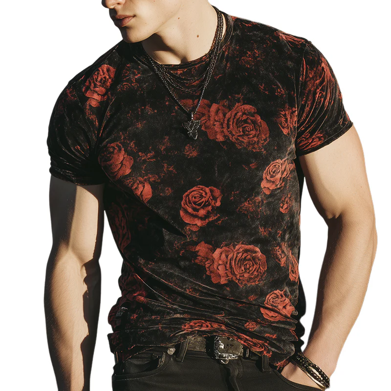 Harry | Men'S Retro Casual Rose Print Velvet Round Neck Short Sleeve T-Shirt