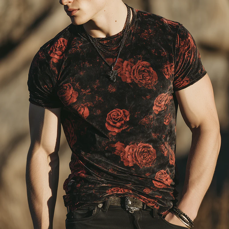 Harry | Men'S Retro Casual Rose Print Velvet Round Neck Short Sleeve T-Shirt - Image 2