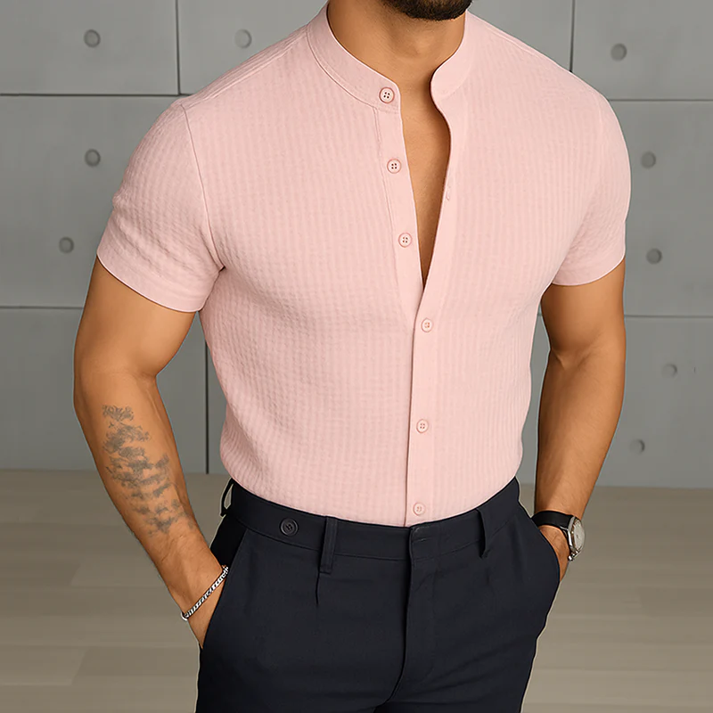 Harvey | Men'S Retro Casual Solid Color Waffle Stand Collar Short Sleeve Shirt - Image 2