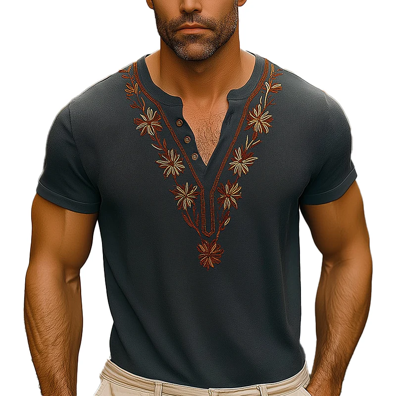 Hector | Men'S Summer Fashion Embroidery Lightweight Knitted Short Sleeve V-Neck T-Shirt
