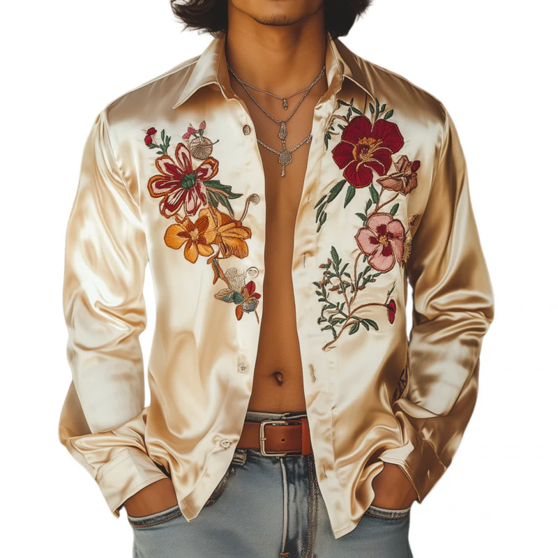 Hector | Men'S Vintage Elegant Flower Embroidery Satin Lapel Loose Long Sleeve Shirt