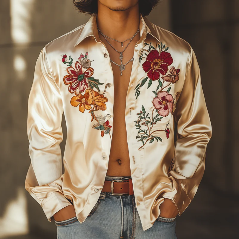 Hector | Men'S Vintage Elegant Flower Embroidery Satin Lapel Loose Long Sleeve Shirt - Image 2