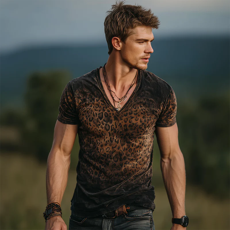 Henry | Men'S Retro Casual Gradient Leopard Velvet V-Neck Short Sleeve T-Shirt - Image 3