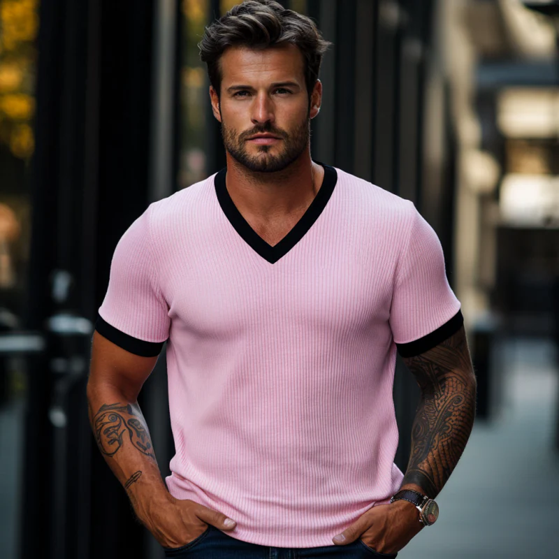 Henry | Men'S Skin-Friendly Ottoman Rib Colorblock Slim Fit V Neck Short Sleeve T-Shirt - Image 2