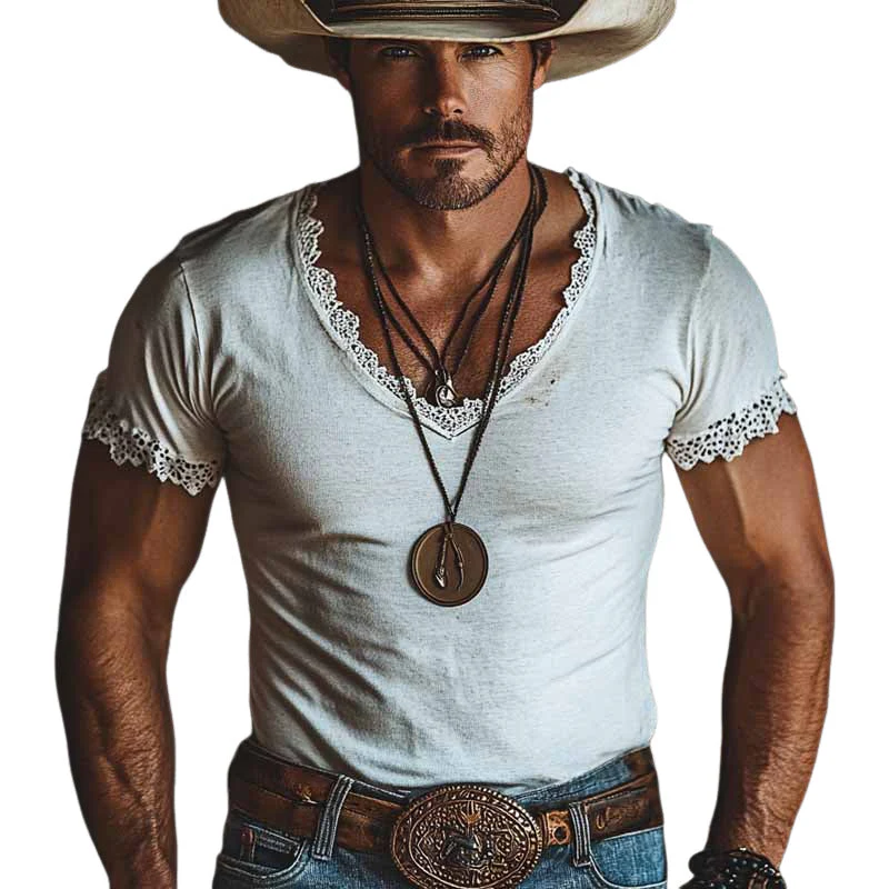 Herman | Men'S Solid Color Cotton Blend V-Neck Lace Stitching Short-Sleeved T-Shirt