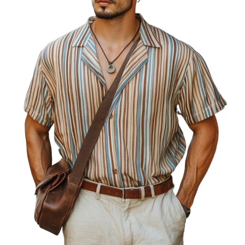 Horacio | Men'S Casual Colorful Striped Digital Print Cuban Collar Loose Short Sleeve Shirt