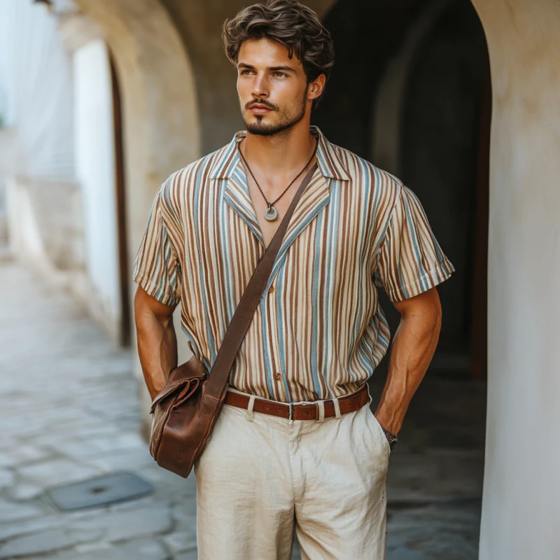 Horacio | Men'S Casual Colorful Striped Digital Print Cuban Collar Loose Short Sleeve Shirt - Image 4
