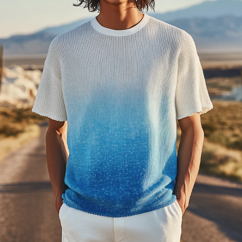 Horacio | Men'S Spring And Summer Fashion Casual Knitted Gradient Hanging Dye Round Neck Short-Sleeved T-Shirt - Image 2