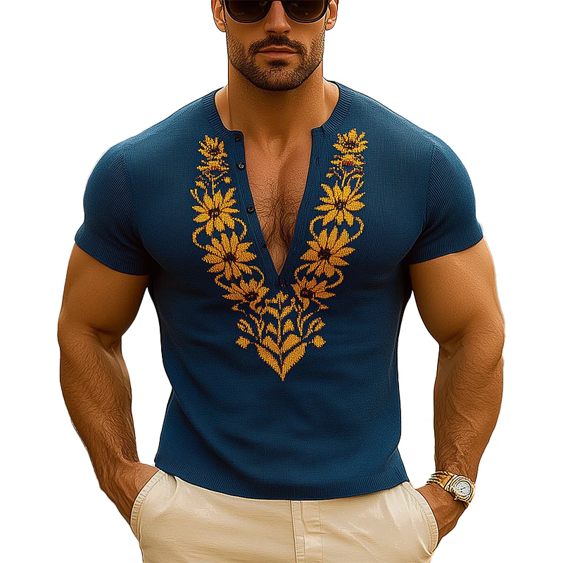 Horacio | Men'S Summer Knitted Jacquard Slim Short Sleeve V Neck T-Shirt