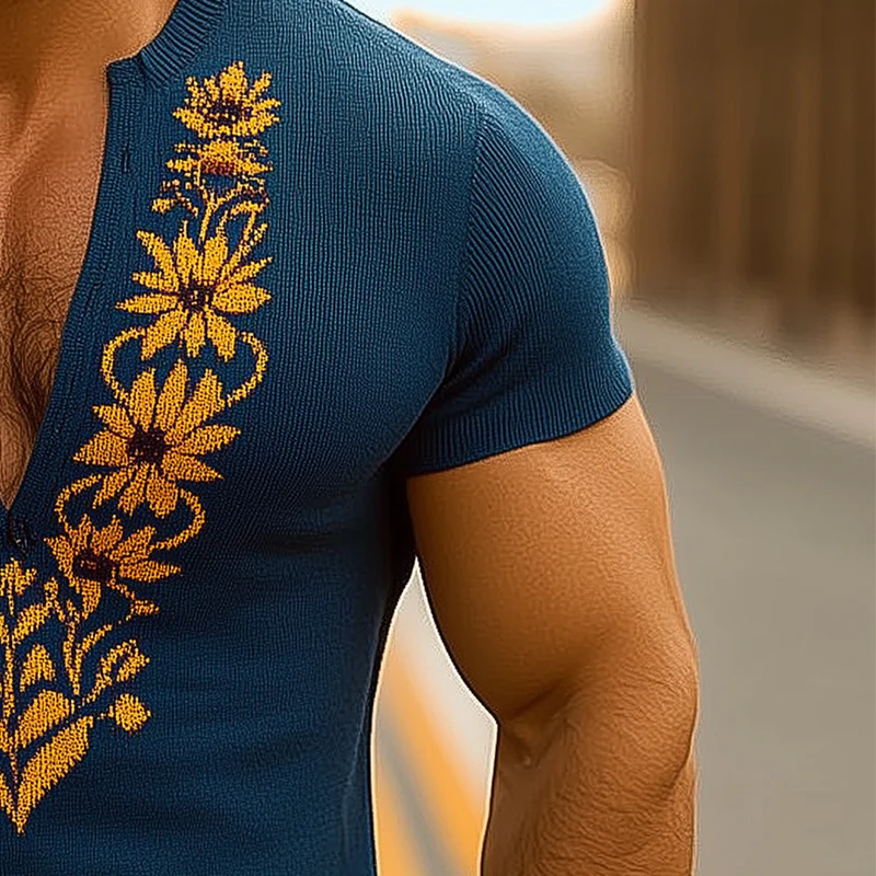 Horacio | Men'S Summer Knitted Jacquard Slim Short Sleeve V Neck T-Shirt - Image 4