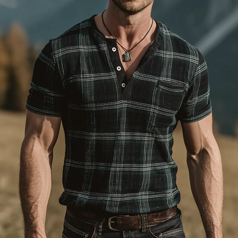 Howard | Men'S Retro Casual Plaid Print Henley Short Sleeve T-Shirt - Image 2