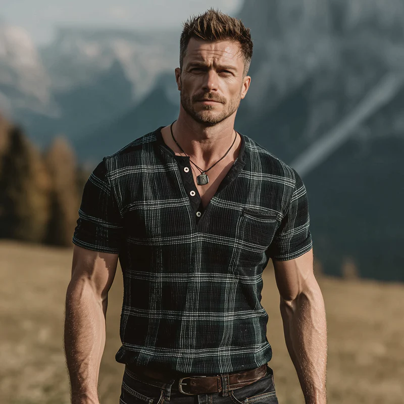 Howard | Men'S Retro Casual Plaid Print Henley Short Sleeve T-Shirt - Image 3