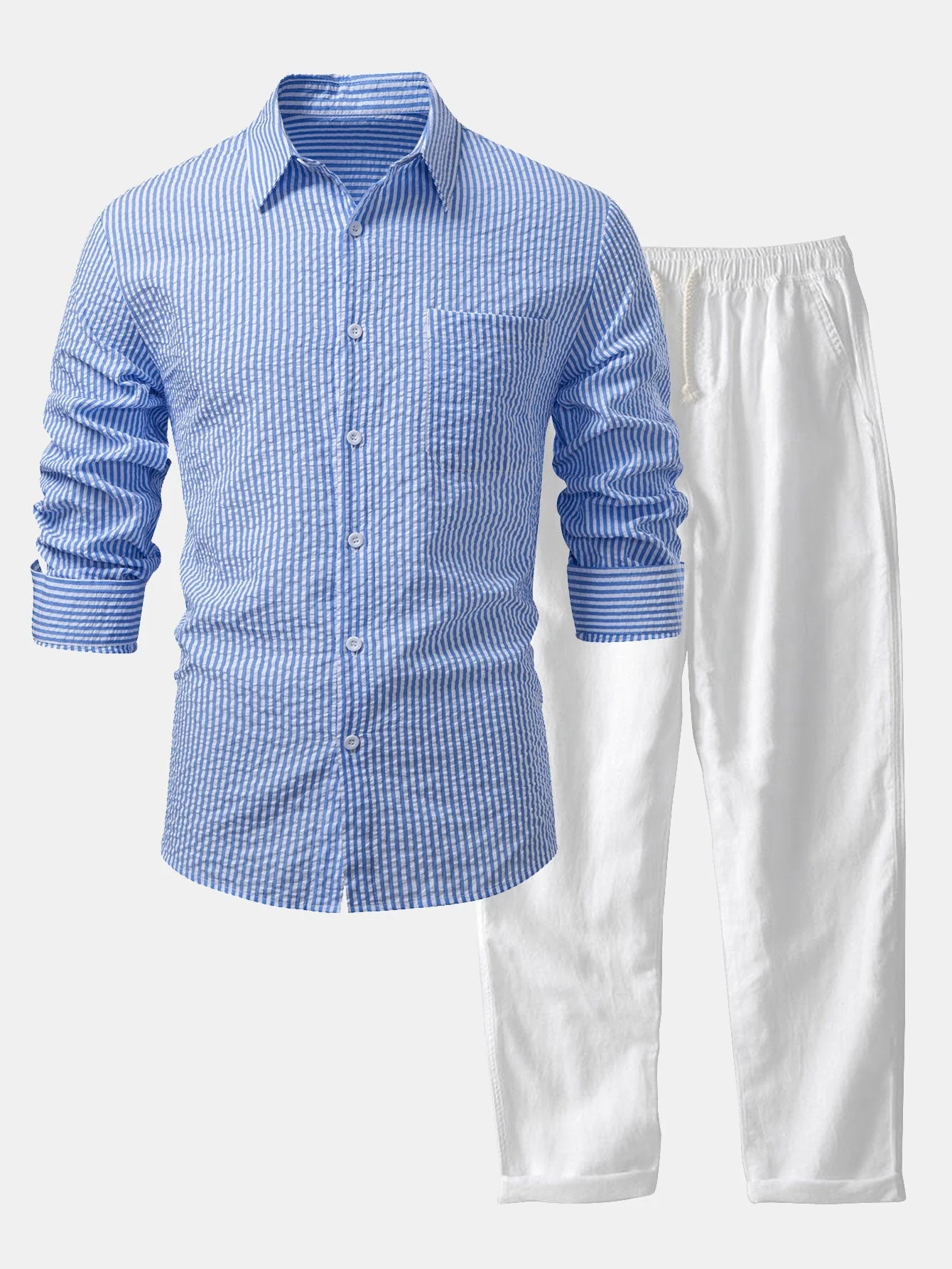 Ignacio® | Seersucker Striped Button Up Shirt & Straight Leg Linen Pants - Image 8
