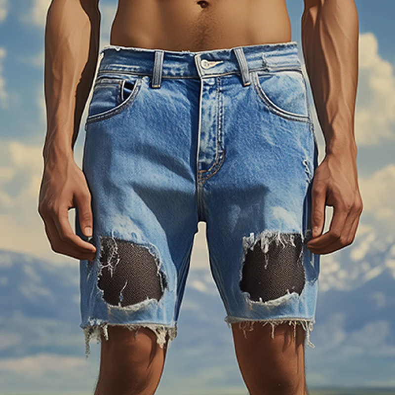 Ignacio | Men'S Spring And Summer Fashion Casual Denim Washed Splicing Mesh Fabric Raw Edge Shorts - Image 2