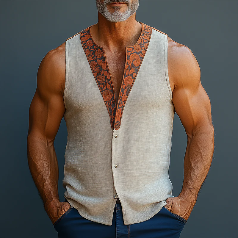 Ignacio | Men'S Summer Fashion Printed Contrast Color Linen Sleeveless Shirt - Image 2