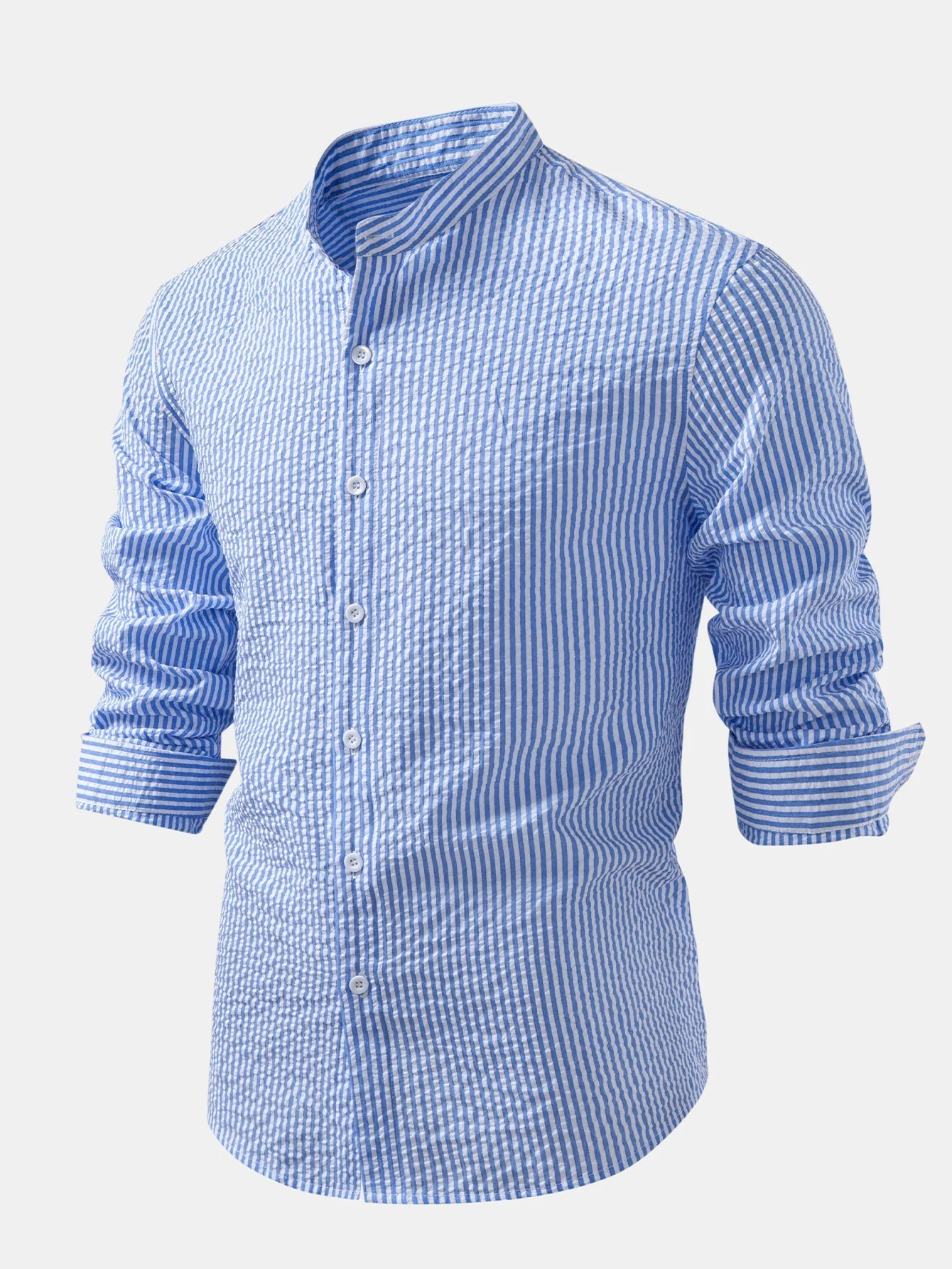 Iker® | Seersucker Striped Stand Collar Shirt & Straight Leg Linen Pants - Image 11