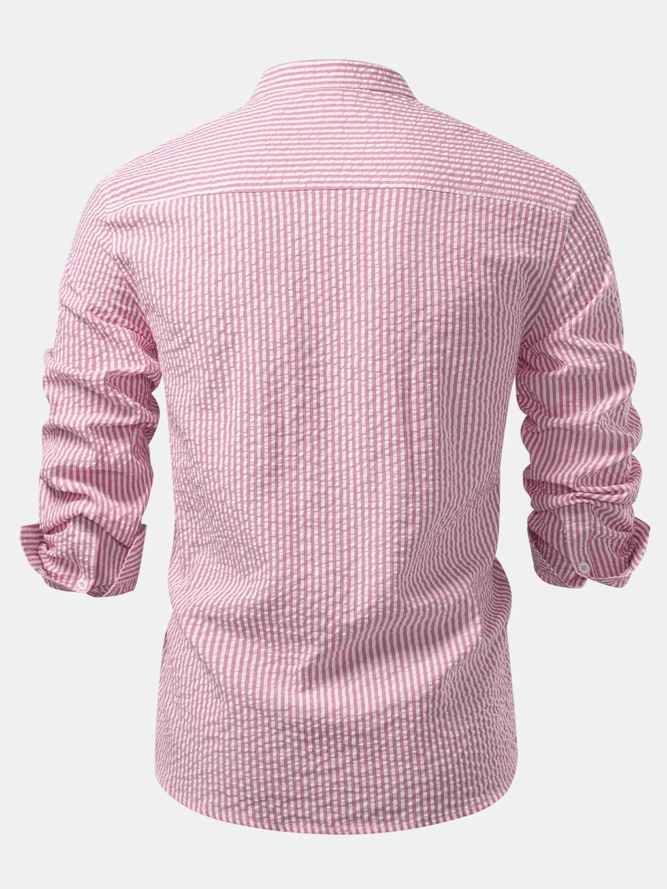 Iker® | Seersucker Striped Stand Collar Shirt & Straight Leg Linen Pants - Image 14