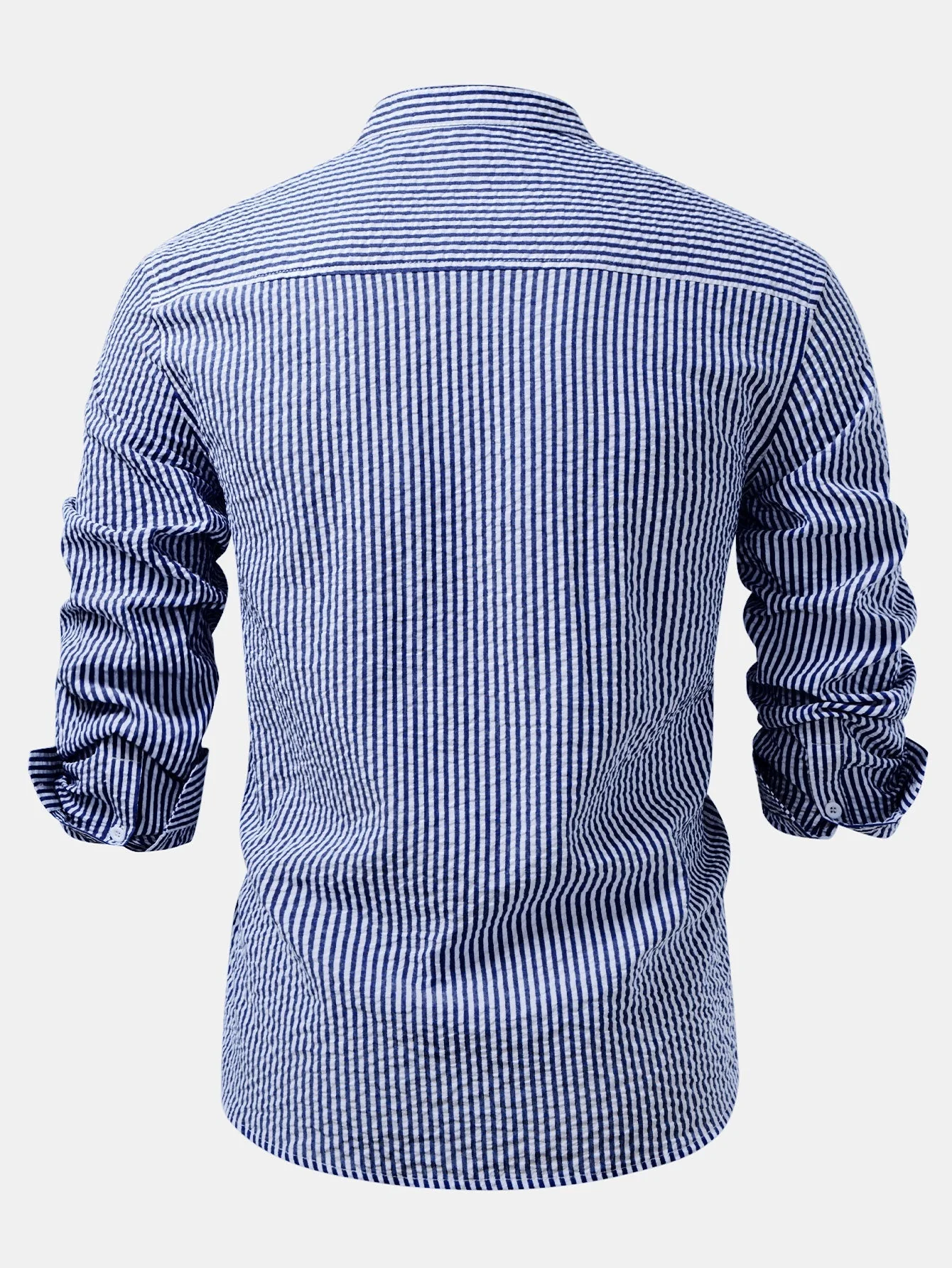 Iker® | Seersucker Striped Stand Collar Shirt & Straight Leg Linen Pants - Image 2