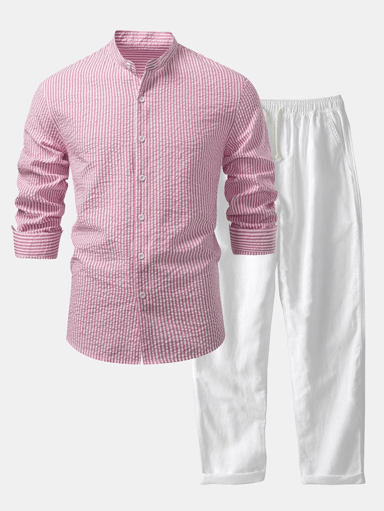Iker® | Seersucker Striped Stand Collar Shirt & Straight Leg Linen Pants - Image 8