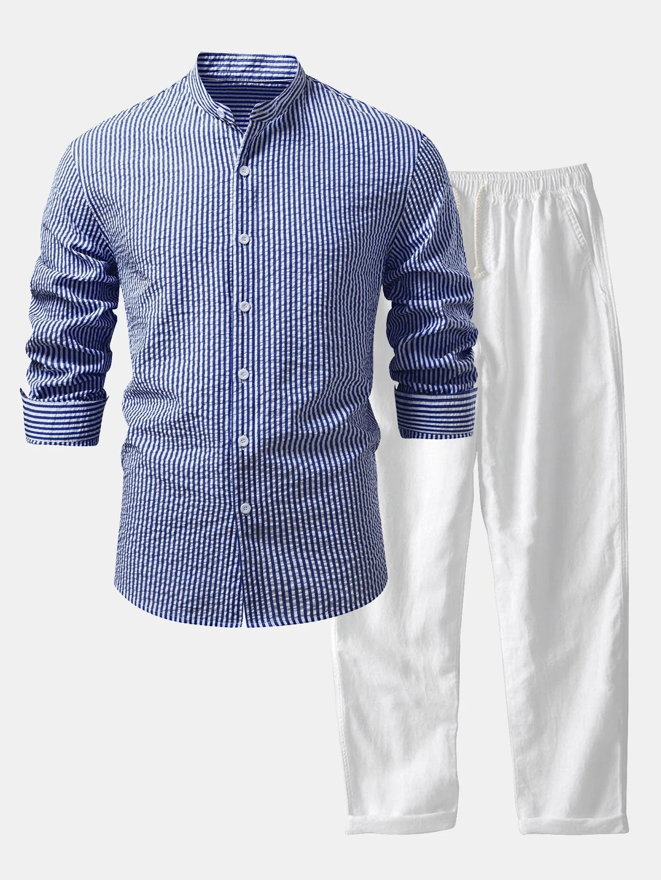 Iker® | Seersucker Striped Stand Collar Shirt & Straight Leg Linen Pants - Image 9
