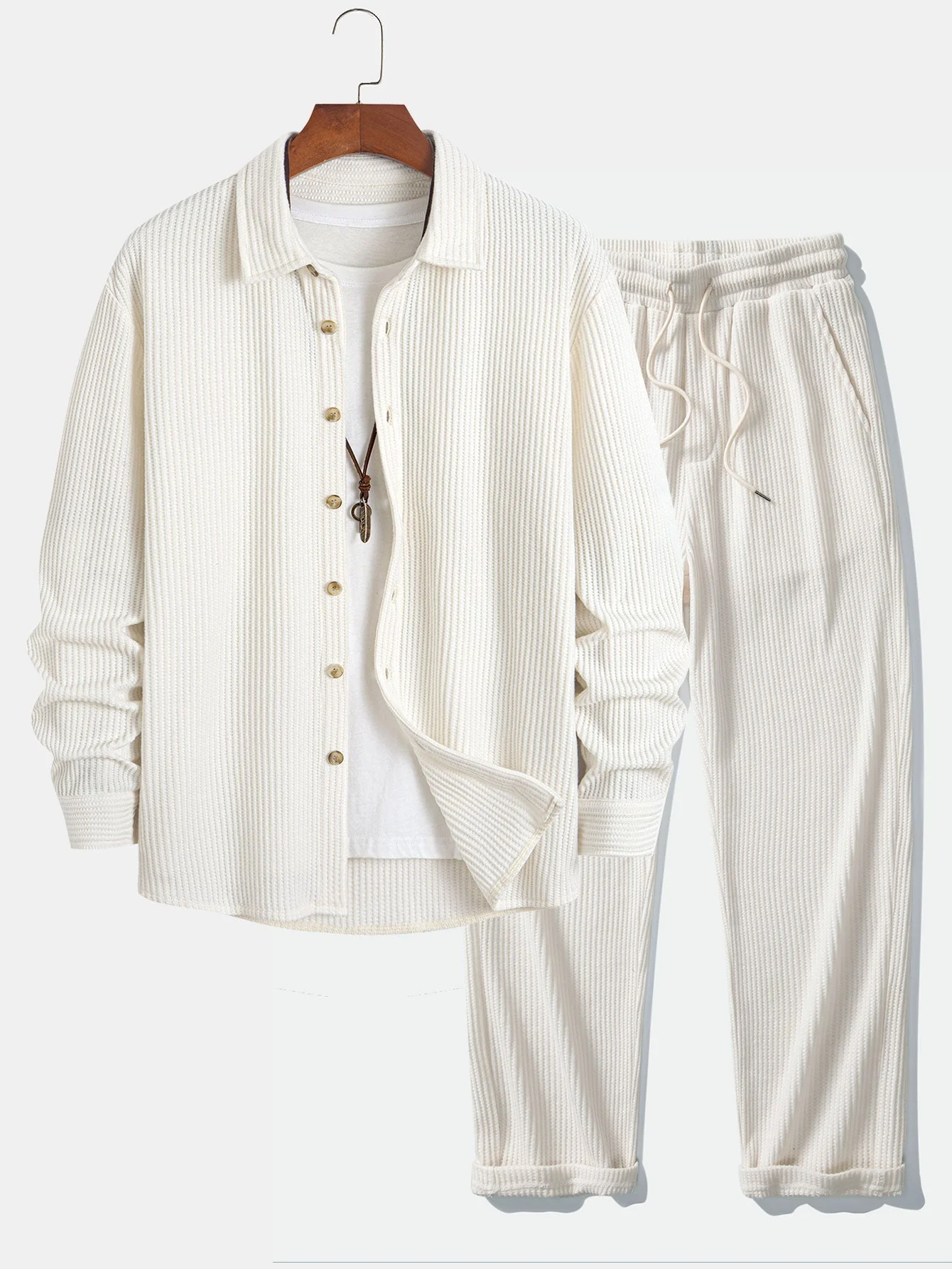 Inocencio® | Long Sleeved Waffle Button Up Shirt & Drawstring Knitted Waffle Pants - Image 11