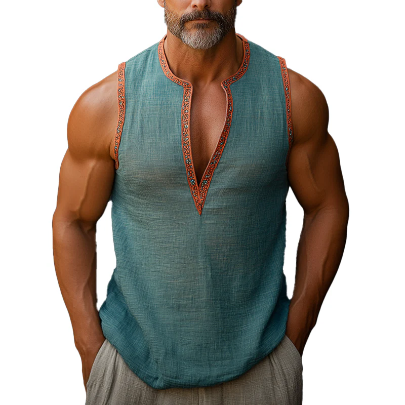 Isaiah | Men'S Summer Fashion Printed Contrast Color Linen Sleeveless Shirt