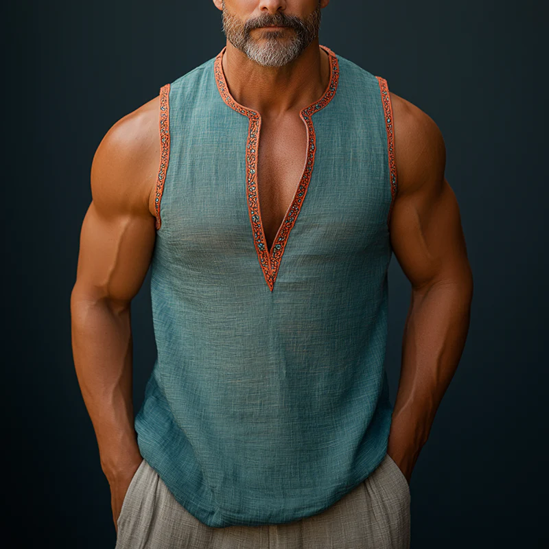 Isaiah | Men'S Summer Fashion Printed Contrast Color Linen Sleeveless Shirt - Image 2