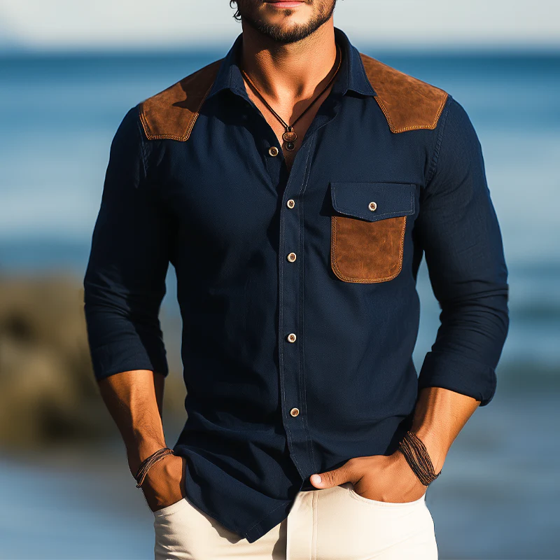Israel | Men'S Business Cotton Suede Stitching Long Sleeve Shirt - Image 3