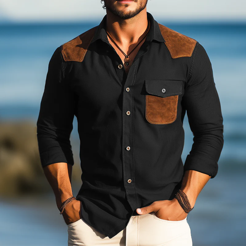 Israel | Men'S Business Cotton Suede Stitching Long Sleeve Shirt - Image 4